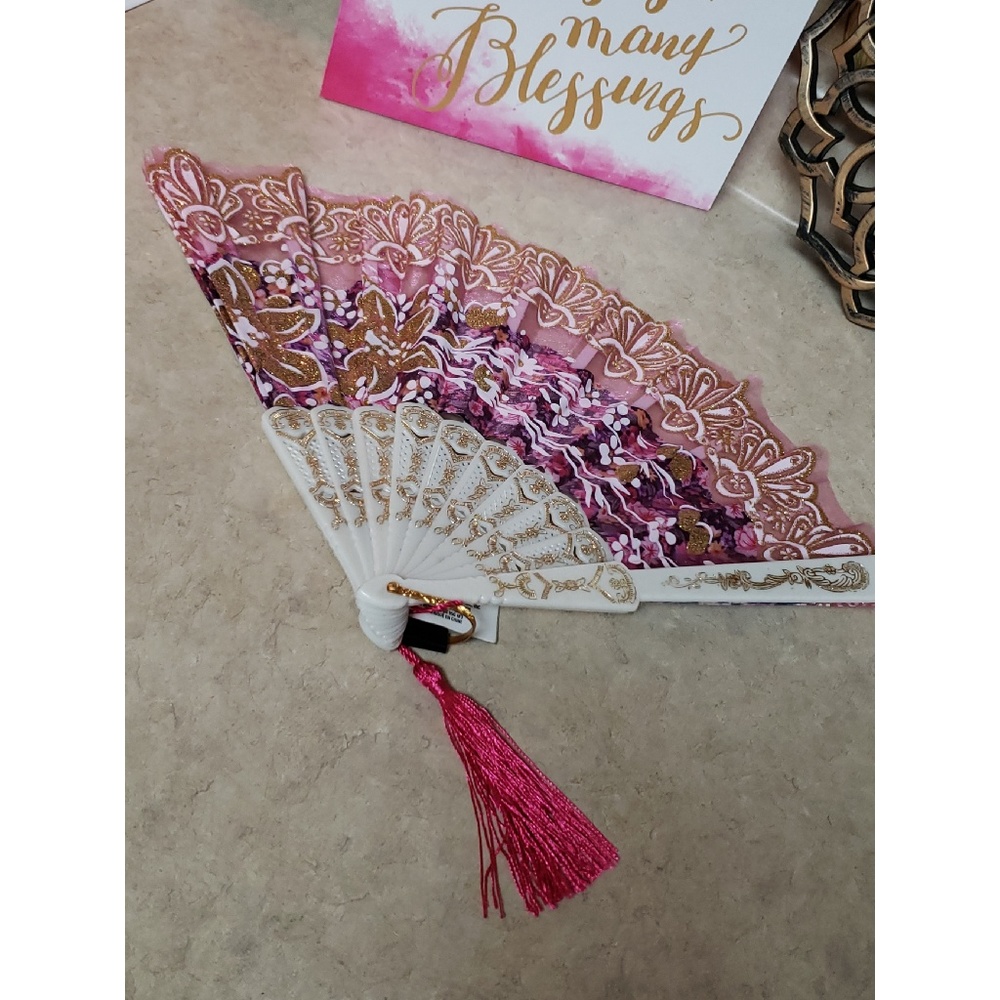 Folding Silk Hand Fan Pink with Gold Accents